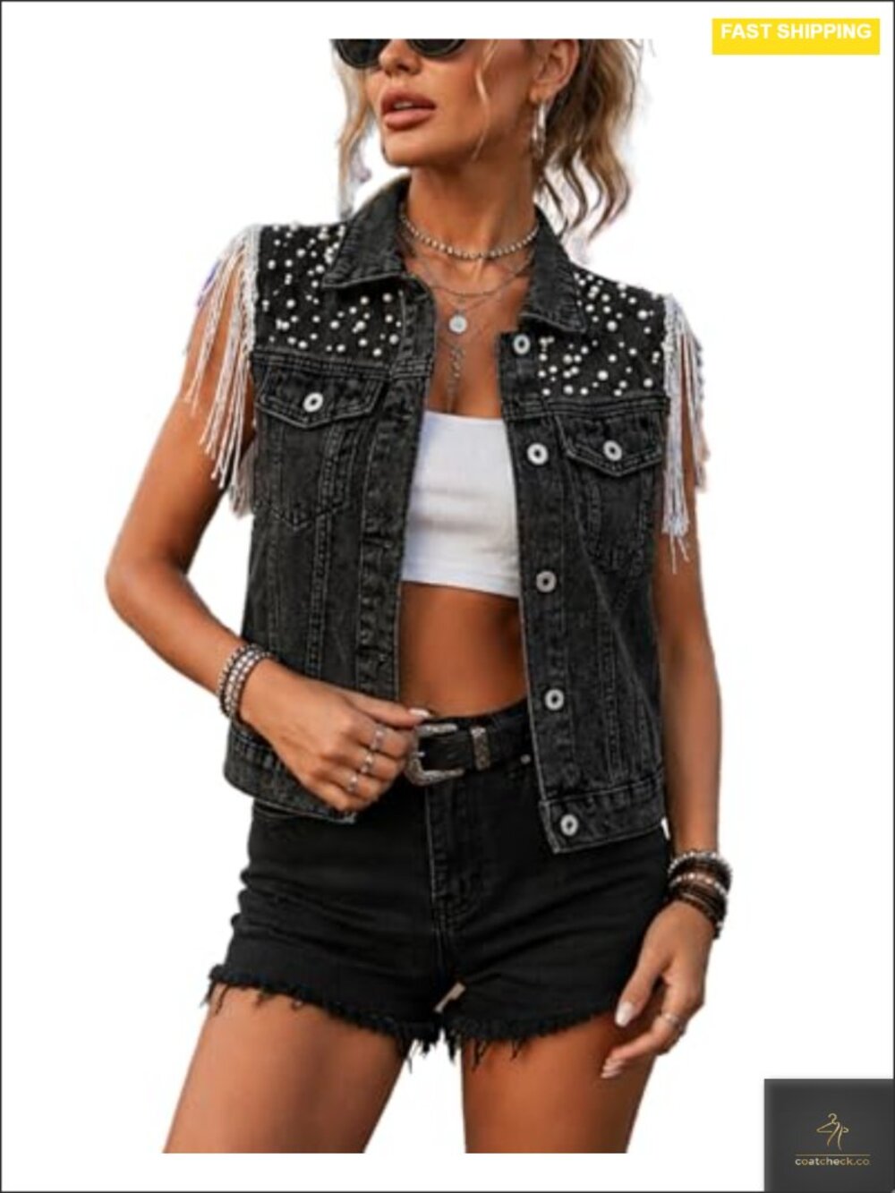Women's Pearls Beading Denim Vest Sleeveless Sequin Fringe Tassel Western